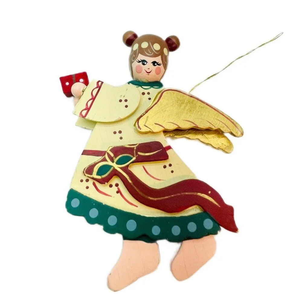 Vintage Whimsical Wooden Angel Gold Wings Handmade Christmas Old Charm Ornament
